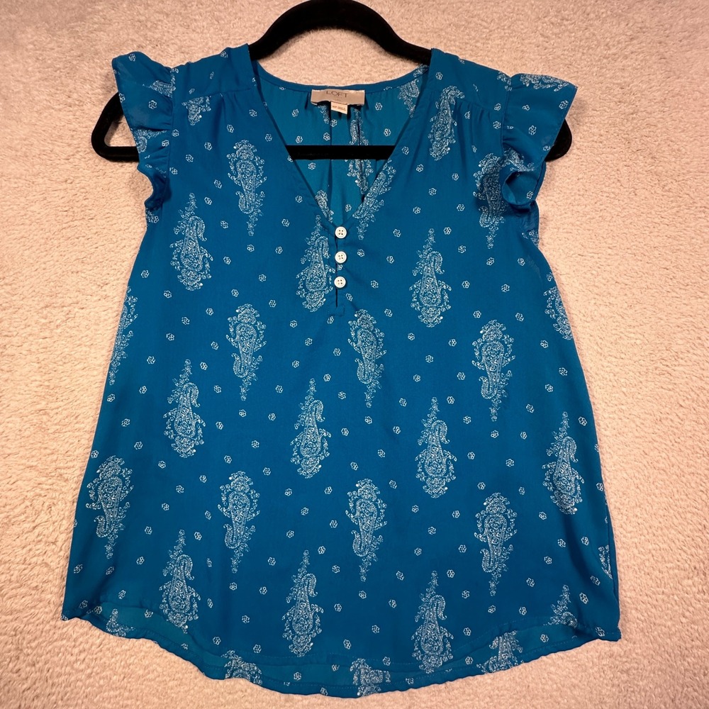 Loft‎ Outlet Blouse Womens XSP Teal Blue Paisley Flutter Sleeve Henley Top